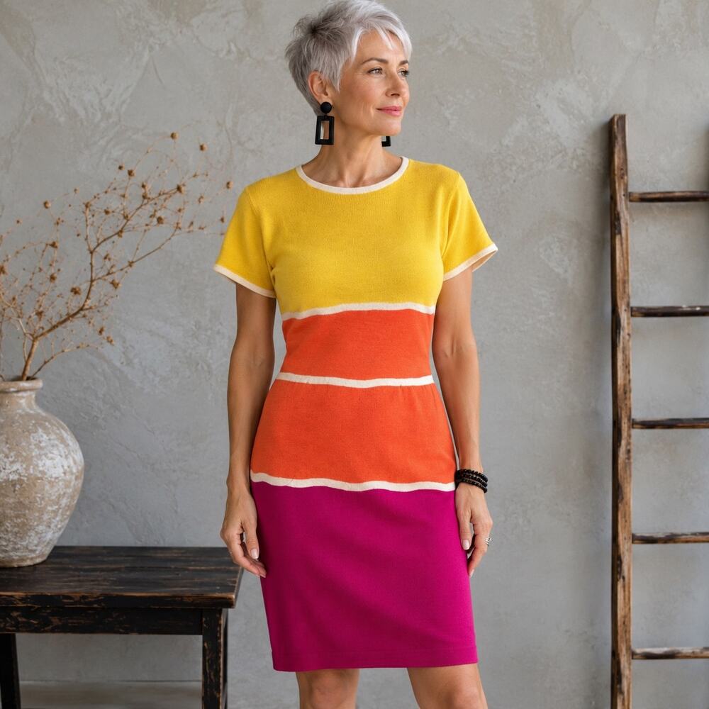 St John Yellow, Orange Pink Color Block Short Sleeve Sheath Dress 4